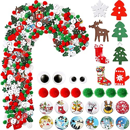 Decorazioni natalizie miste, in legno, per albero di Natale, 500 pezzi; pon-pon, palle, occhi mobili, bottoni, ornamenti assortiti per Natale, per fai-da-te, cucito, decorazioni