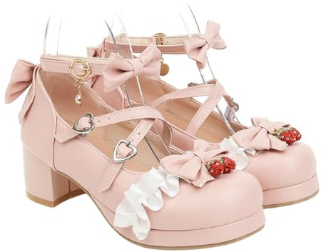 Holibanna Mary Jane Damen-Pumps mit Blockabsatz, runder Zehenbereich, Lolita-Schuhe, rose, 40 EU