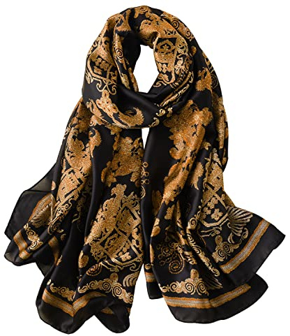 NUWEERIR Womens 100% Large Mulberry Silk Scarf Long Satin Scarf Fashion Lightweight Wraps, Black and Gold Flowers, 70 x 35