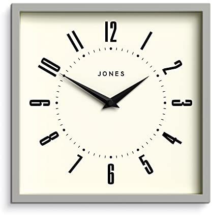 JONES CLOCKS® Box wanduhr | Retro quadratisch | 25cm | Grau | Leicht lesbare Zahlen | Perfekte küchen oder bürouhr