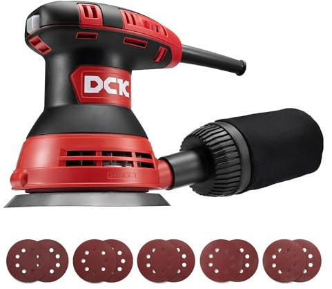 DCK Random Orbital Sander, 3.0 AMP Corded Palm Sander, 6 Speeds Max 12,000 OPM, 5-Inch with 10 pcs Sandpapers, Dust Bag, Low Vibration for Woodworking, Decoration Furniture (KSA125)