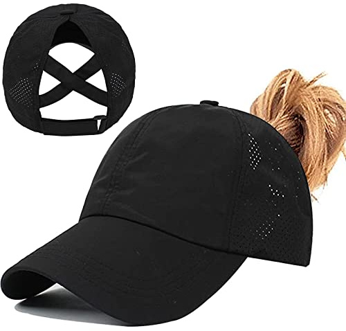 Womens Ponytail Hat Baseball Cap, Adjustable Criss Cross Baseball Cap High Bun Unisex Quick Drying Trucker Hats (ZBlack, One Size)