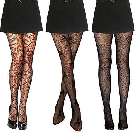 Yangshine 3 Paia di Calze a Rete di Halloween - Vita Alta con Motivi Cranio e Ragnatela - Collant Neri per Donne, Spider+Web+Cranio, Taglia Unica (YSLWK02-1)