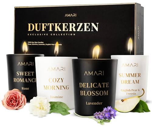 AMARI ® Duftkerzen Geschenkset Schwarz als Weihnachtsgeschenke- 4er Kerzenset - Scented Candle - Kerzen Geschenkset Frauen - Duft Kerzen - Duftkerzen im Glas - Deko Geschenke für Frauen