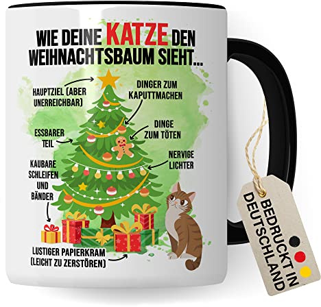 Taza de café para gatos de Navidad, divertida, árbol de Navidad, taza de café, amante de los gatos, idea de regalo para cuatro patas con texto en alemán Humor Sarcasmo Taza de vino caliente