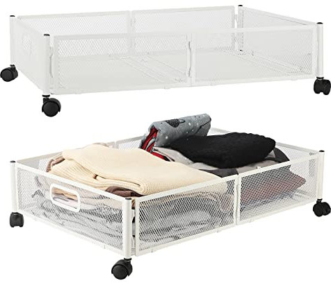 BestAlice Contenitori Sotto Letto, Contenitori Sotto Letto con Ruote e Maniglie, Cassetto Organizzatore Sotto Letto Pieghevole in Metallo per Camera da Letto, Vestiti, Coperte E Scarpe(Bianco 2)