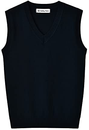 SMILING PINKER Ragazzi Maglia Gilet Scollo a V Bambini Cotone Senza Maniche Maglione, Blu oltremare scuro, 13-14 Anni
