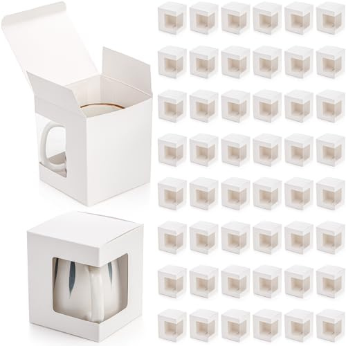 AVLA 50 Pack Gift Boxes for Sublimation Mugs, 11x11x12.7cm Small White Packaging, 12OZ 15OZ Transparent Cups Wrapping With Clear View Window, Cupcake Christmas Ornament Box for Wedding