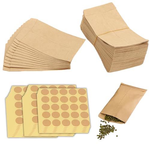 200 Piezas Sobres y 200 Piezas Etiquetas de Sello Redondo Set, Bolsas Papel Kraft Sobres, Mini Sobre Semillas para Empaquetar o Almacenar Semillas, Guardar o Coleccionar Pequeños Artículos