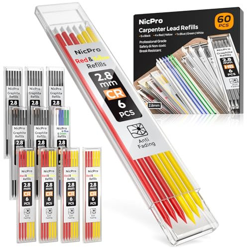 Nicpro 60 Stück Zimmermannsbleiminen 2,8mm, Bleistiftmine für Zimmermannsbleistift, bruchfeste HB Mine für Konstruktionsbleistift, Holzbearbeitungsbleistift (Schwarz, Rot, Gelb, Grün, Blau, Weiß)