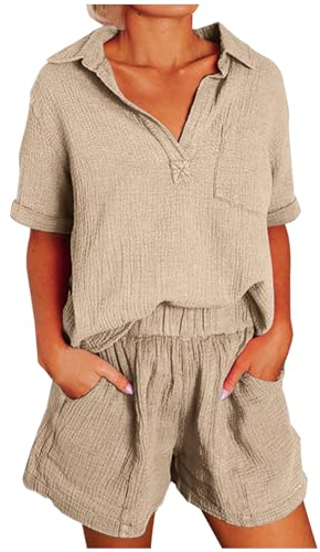 HAOLEI Zweiteiliger Damen Anzug Aus Baumwolle Und Leinen Mit Kurzen Ärmeln Und Tasche, Musselin Set Lockere Und Atmungsaktive, Sommer Outfits Leicht Und Luftig, Günstig Hausanzug Elegant Schicke