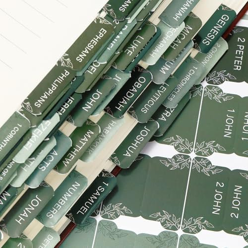 JarThenaAMCS Laminierte Bibelregister, grüne Blätter, großer Druck, neutrale Registerkarten für Bibelstudium, einfache Navigation zum Lesen und Anwenden von Bibeltagebuch-Tabs, 75 Stück