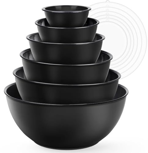 Greentainer Set di ciotole in plastica con coperchio, set da 12 ciotole colorate per cucina – Set di ciotole con coperchio, 6 ciotole e 6 coperchi, adatte al microonde e al congelatore (nero)