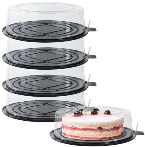 FEOOWV 5pcs Round Clear Cake Carriers for Transport Plastic Disposable Cake Containers Carriers with Dome Lids and Cake Boards Clear Bundt Cake Boxes (10inch)