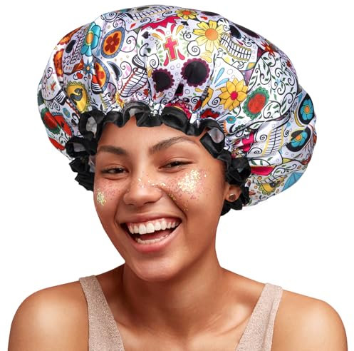 mikimini Gorro Ducha Mujer Reutilizable, Impermeable Gorro de Baño con Diseño Estilizado y Vibrante, Elástico Grande Gorro de Ducha para Pelo Largo