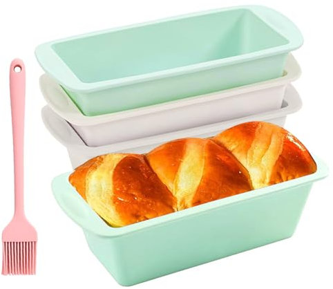 YqsIbth Mini Loaf Tins, 4 Pcs Silicone Loaf Tins, 16 X 8cm Small Cake Bread Tins for Baking 1Lb Loaf Mould Tray Rectangle Silicone Cake Tins for Air Fryer Oven(Green White)