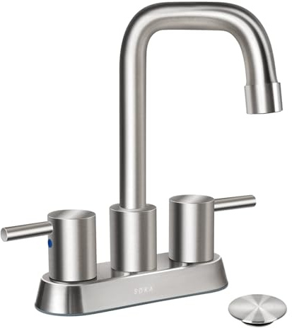 SOKA 2-Handle Bathroom Sink Faucet for 3 Hole, 4-Inch Stainless Steel Bathroom Faucets with Deck Plate & Pop-Up Drain Assembly, Centerset Sink Faucet for Bathroom Faucet for Vanity, RV, Restroom