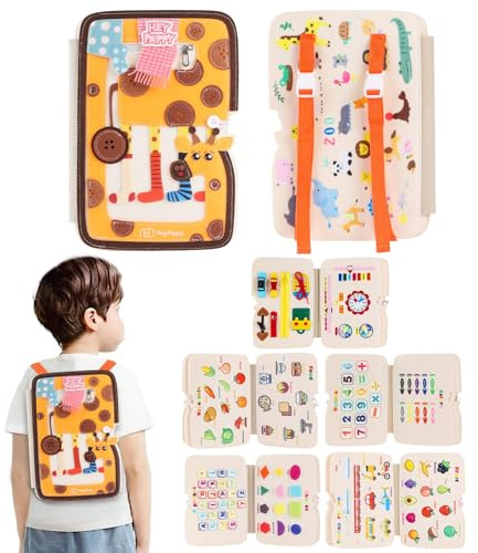 Heypappy Busy Board,12 in 1 Montessori Busy Board Feltro,Montessori Didattici Libro Sensoriale Educativo, Giocattolo per Abilità Motorie con Cintura Zaino Regalo Bambino Compleanno Natale
