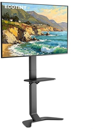 ECOTINY Ultra Slim Aluminum TV Floor Stand for 37–86 Inch TVs, Modern Curved Base with Shelf, Adjustable Height & Tilt, Space-Saving Design with Cable Management, Max VESA 600x400mm, Black