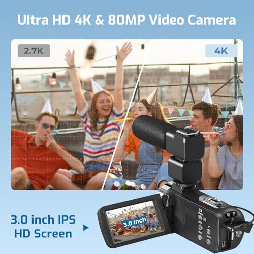 Camcorder Video Camera 4K Ultra HD 80MP Vlogging Camera for YouTube 18X Digital Zoom Recorder IR Night Version 3.0 IPS HD Screen With Handheld Stabilizer, Microphone, Remote Control and 32GB SD Card