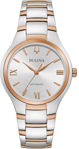 Bulova Sutton 98L313 - Orologio automatico da donna in oro rosa e argento con cinturino in acciaio inox, impermeabile, 3 bar, diametro cassa: 34 mm