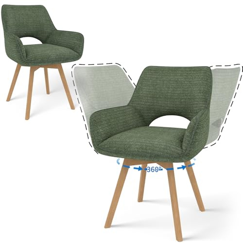 JIJIAN Set of 2 360° Swivel Dining Chairs with Armrests, Green | Swivel Modern Kitchen Chair, Corduroy Upholstered Seat, Wooden Legs, Ergonomic Backrest, for Dining Room, Kitchen, Restaurant