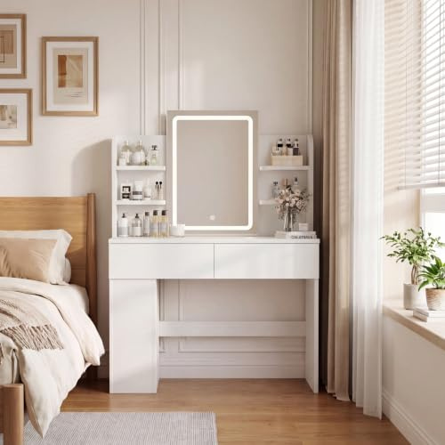 JUMMICO Dressing Table,3 Color LED Mirror,Adjustable Brightness