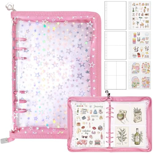 PUYUKO Álbum Pegatinas A5, Organizador 360 Bolsillos, Carpeta 6 Anillas con Cremallera y Estrellas Brillantes, Porta Fotos y Postales Kpop, Libro Colección y Exhibición de Pegatinas (Rosa)
