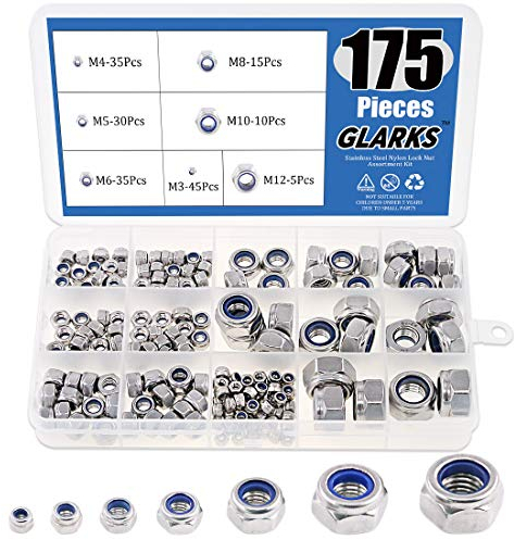 Glarks 175 pcs métrique en acier inoxydable 304 en nylon Verrou Écrou Assortiment kit – M3 M4 M5 M6 M8 M10 M12