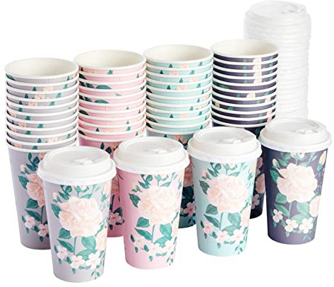 BLUE PANDA Paper Coffee Cups - 16 Oz, 48 Count, 4 Pastel Floral Colors - Disposable Cups with Lids for Hot & Cold Coffee & Tea to Go