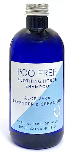 99% Natural CHAMPÚ CALMANTE para Caballos - con Aloe Vera, Geranio & Lavanda 250ml por POO FREE. pH Equilibrado. Sin Sulfatos, Sin Parabenos, Sin Silicona. Concentrado, Limpia, Calma, Hidrata, Alivia