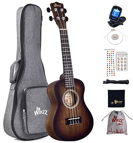 Winzz Ukulele Concerto Principianti, 23 Pollici Ukulele Adulti e Bambini 5+ Anni, Unico Marrone Ukulele Legno Set con 8 Accessori
