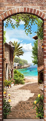 A.Monamour Adesivo Porta Autoadesiva Paesaggio Marino Della Spiaggia Dell'Isola Attraverso Il Paesaggio Naturale Dell'Arco Vinile PVC Adesivi per Porte Pellicola Adesiva Poster Sticker Murale Parete