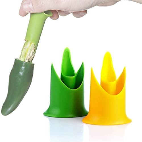 2 set pepper Corer per pomodori,Semi Remover Pepe,Fruit Corer, Durevole Dispositivo e Facile da Usare di Rimozione del Torsolo (verde, giallo)