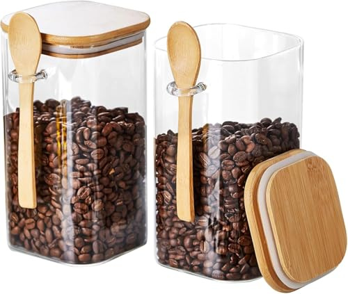 Unbreakable Glass Jars with Airtight Lids and Spoons, 2Pcs Overnight Oats Containers with Lids and Spoons, Glass Food Storage Containers for Coffee Beans, Flour, Sugar, Cookie, Pasta