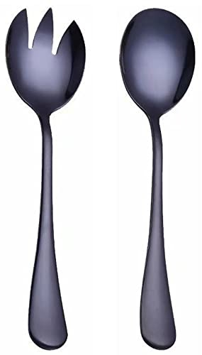 Duories Couverts à salade en acier inoxydable, 20 cm, pince à salade, salade, service, mixeur, fourchette à salade et cuillère de service, couverts en acier inoxydable, passent au lave-vaisselle, noir