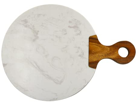 Kadum Tagliere da portata Carrara in marmo bianco e legno di acacia con manico in legno, tagliere rotondo in marmo, per colazione, cucina, formaggio, Ø 25 cm, set da 1