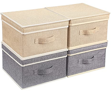 DOMEraax Storage Bins with Lid, Foldable Clothing Storage Box case with Handle for Closet, Bedroom, Home, Gray+Apricot, 13L x 12.5W x 7H inch
