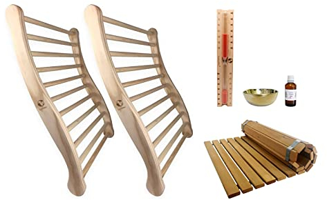 SudoreWell® Sauna Infrarotkabinen Zubehör Set Deluxe mit 2 x Sauna ergon. Rückenlehne, Sanduhr Exclusiv 30 min., kleine Duftschale mit 50 ml Duft Eukalyptus Plus Boden Rollrost Kiefer