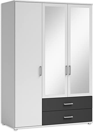 IVAR Kleiderschrank mit Spiegeln und Schubladen - Vielseitiger Drehtürenschrank 3-türig in Weiß, Graphit - 125 x 190 x 51 cm (B/H/T)