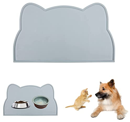 Silicone Dog Cat Bowl Mat, Cat Feeding Mat,Silicone Pet Food Mat, Non Slip Waterproof Dog Bowl Mat, Waterproof Tray Cushion Stop Food Spills and Water Messes Out to Floor Keep Floors Clean (Grey)