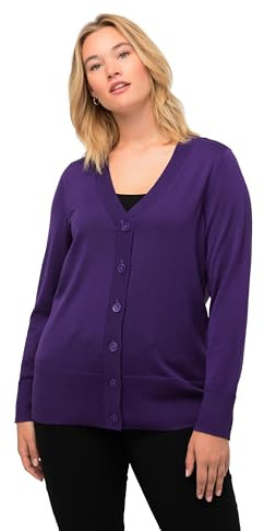 Ulla Popken Women's V-Neck Button Down Fine Knit Cardigan, Deep Purple, 24-26'