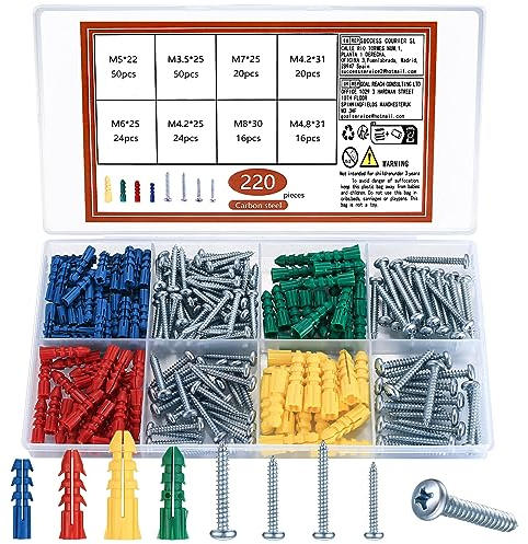 290 Pièces Vis et Chevilles Set, Chevilles Universelles avec Vis à Autoperceuses, Chevilles Expansion en Plastique avec Vis à Bois pour Creuses Cloison Sèche, Béton, Plaques de Plâtre