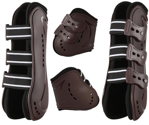 Frdhee Gamaschen & Streichkappen, 4er Set Gamaschen Pferd mit Schlagschutz Pferde-Sportstiefel Neopren Pferdesehne Bandage Reitausrüstung für Springen, Reiten, Events, Dressur, L, Braun