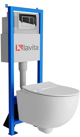 Lavita LAV 101 - Elemento da parete per WC 40 cm + parete sospeso WC BRAVA bianco senza bordi + pannello di controllo LAV 200.1.2 cromato | Set completo | Cassetta di risciacquo da incasso | WC