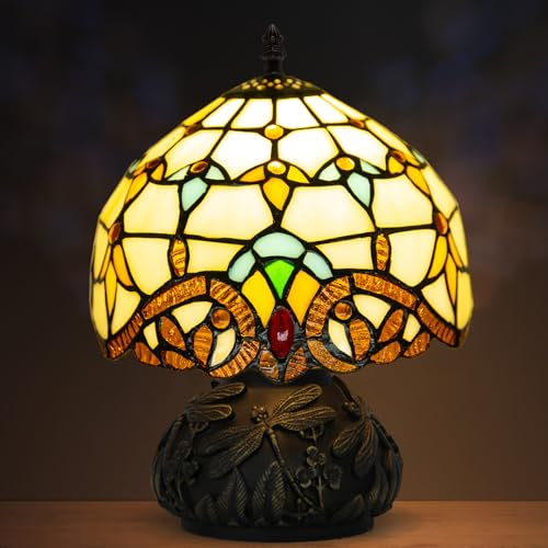 JHuiLap Small Tiffany Stained Glass Lamp, 3 Color Temperatures Bedside Lamp, 8 Inch Mushroom Desk Light for Bedroom Living Room Office Home Decor (Beige Baroque)