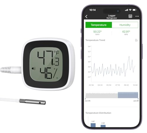 ORIA Termometro Digitale per Frigorifero, Termometro Igrometro Bluetooth con Sonda, Monitor di Temperatura e Umidità con APP, Esportazione Gratuita di Archiviazione Dati, Portata 164 Piedi