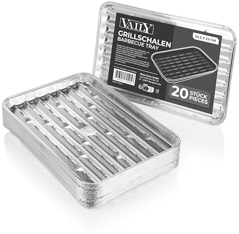 Vaily Alu Grillschalen Grillpfanne 100er Pack - Tropfschale Zubehör für BBQ, Camping und Küche - Aluschale für weniger Fett und Schmutz - 32,5 x 22 cm