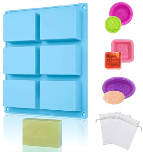 1 moule à savon en silicone bleu, 6 cavités, fait à la main, avec 3 filets moussants, 3 petits moules, kit pour fabriquer soi-même du savon et des bougies