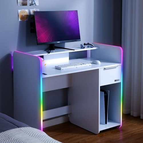 X-Rocker Electra 110cm x 55cm, RGB LED Gaming Desk - Neo Motion™ Sync App-Controlled LED Lights, Built-In Drawer, PC Storage Shelf, Free Standing, Durable Wooden Frame for Kids & Teens - White